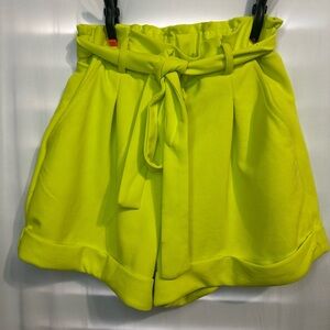 Haute Monde Neon Yellow High-Waist Paperbag Shorts